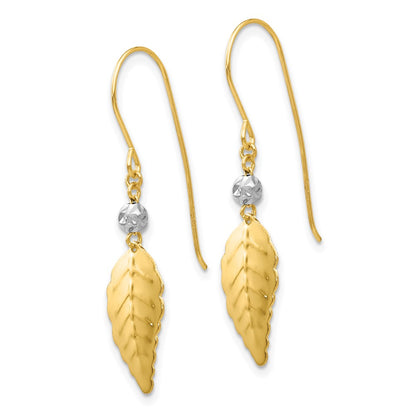 14K Two Tone Stamped Leaf Shepherd Hook Earrings