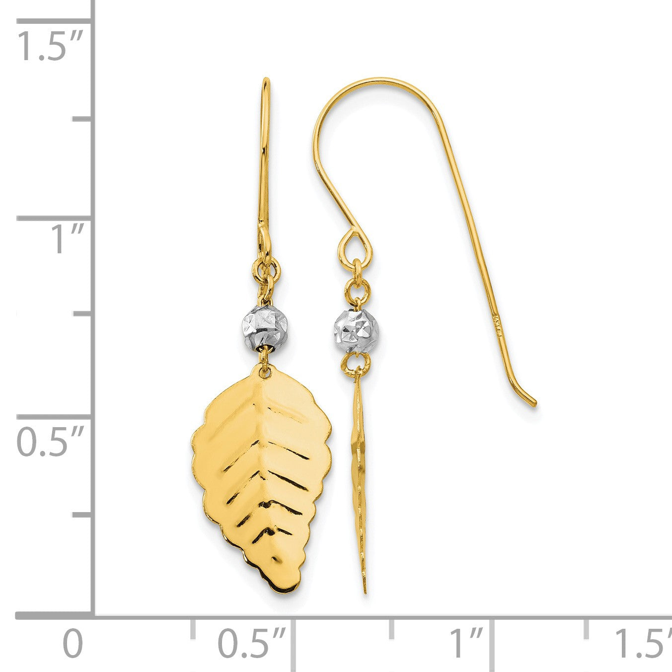 14K Two-tone Stamped Leaf Dangle French Hook Earrings