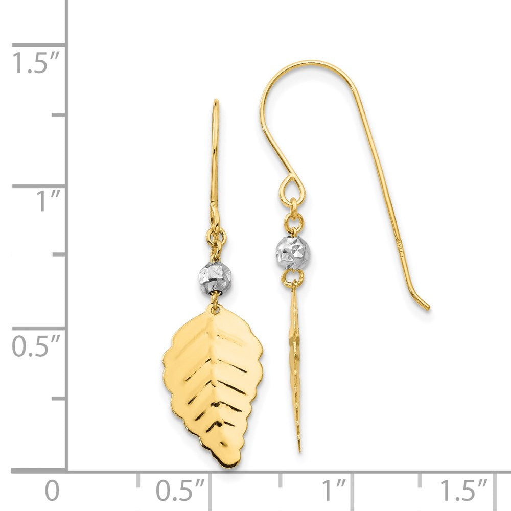 14K Two Tone Stamped Leaf Shepherd Hook Earrings