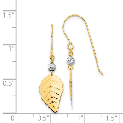 14K Two Tone Stamped Leaf Shepherd Hook Earrings