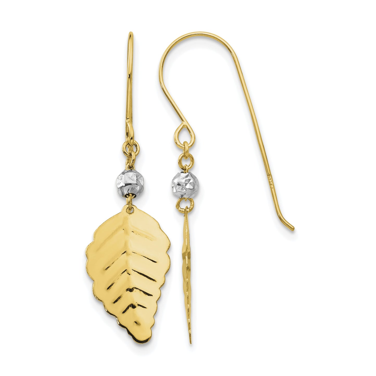 14K Two-tone Stamped Leaf Dangle French Hook Earrings