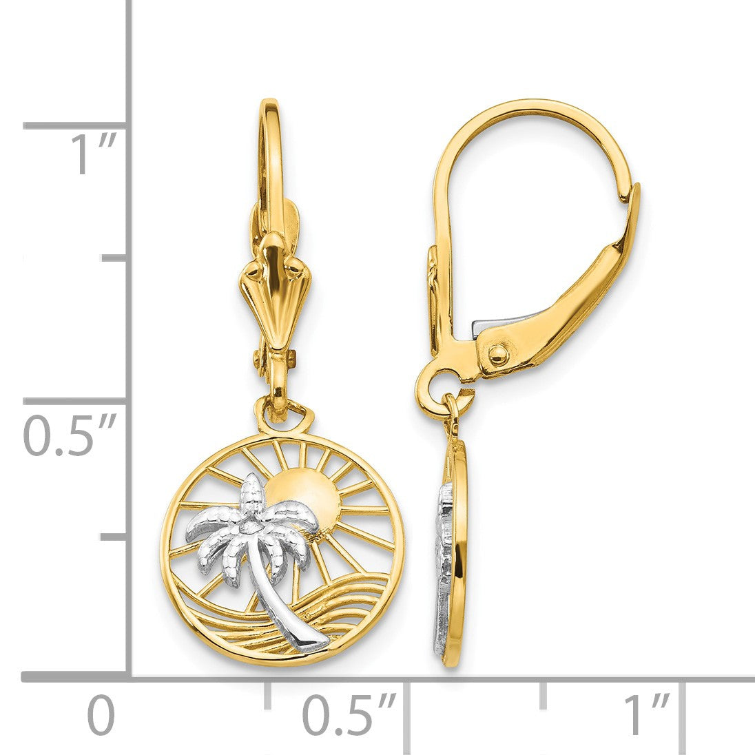 14k and White Rhodium Palm Tree and Sun in Circle Leverback Earrings