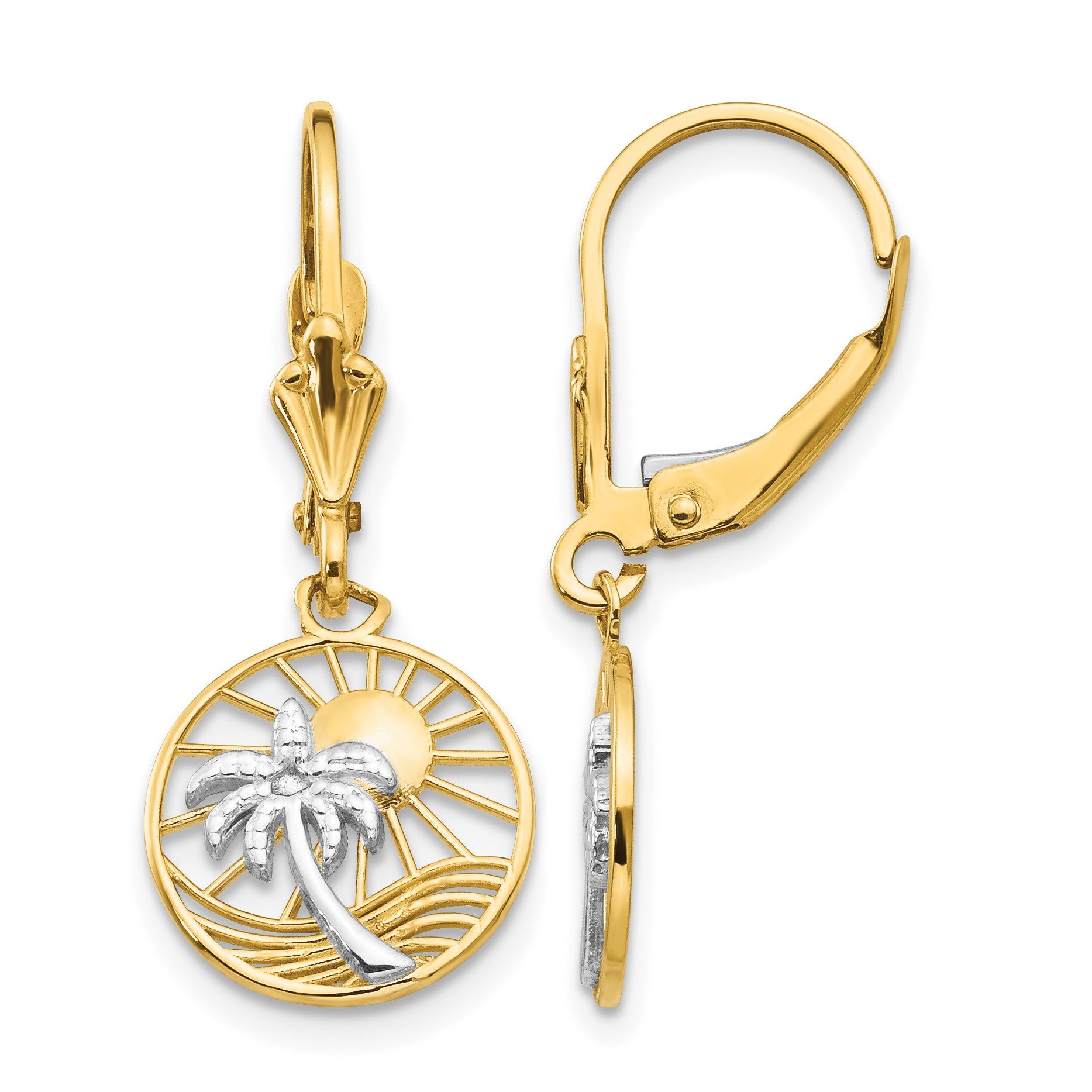 14k and White Rhodium Palm Tree and Sun in Circle Leverback Earrings