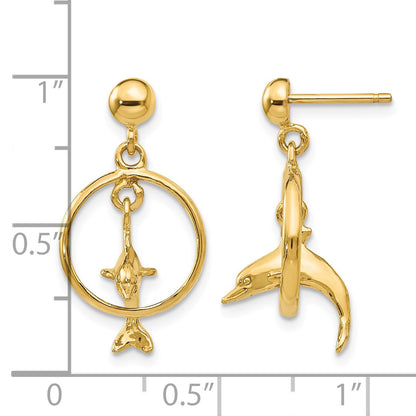 14K Polished 3-D Dolphin Jumping Through Hoop Dangle Post Earrings