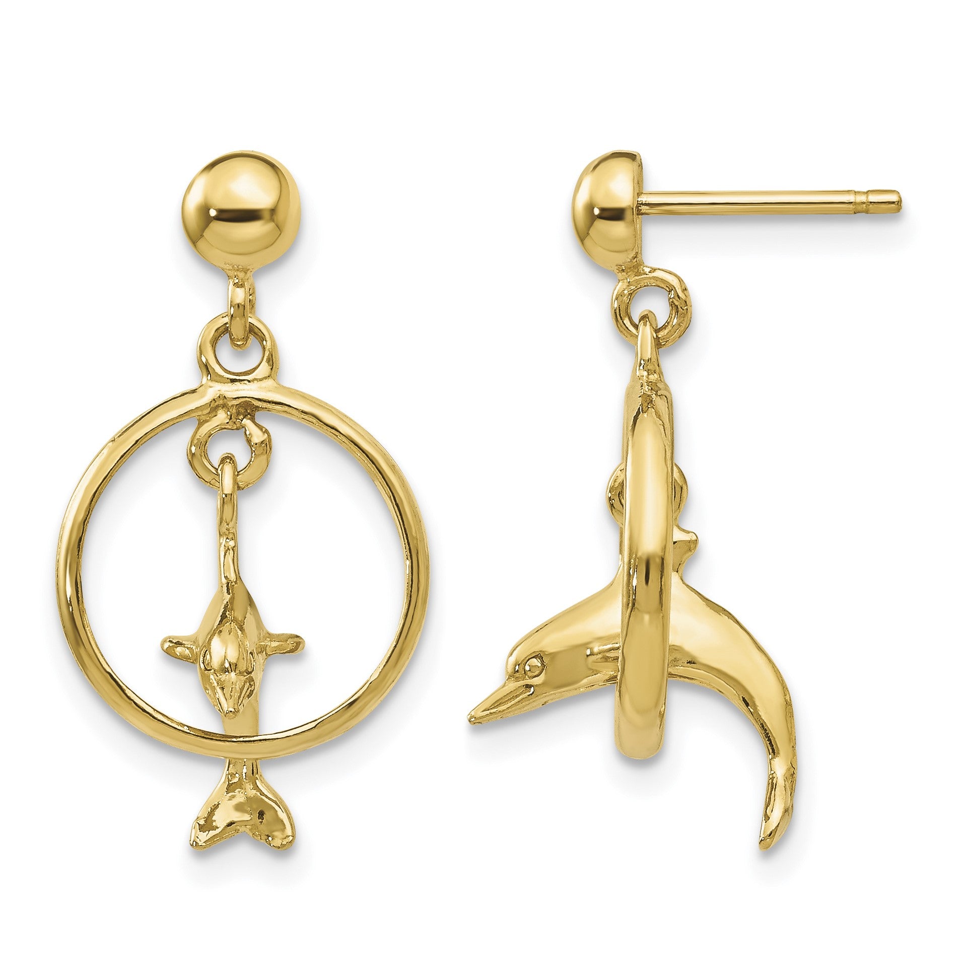 14K Polished 3-D Dolphin Jumping Through Hoop Dangle Post Earrings