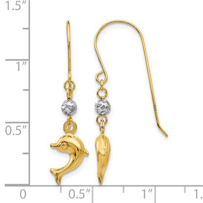 14K Two-tone Puffed Dolphin French Hook Earrings