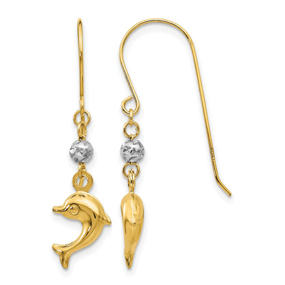14K Two-tone Puffed Dolphin French Hook Earrings