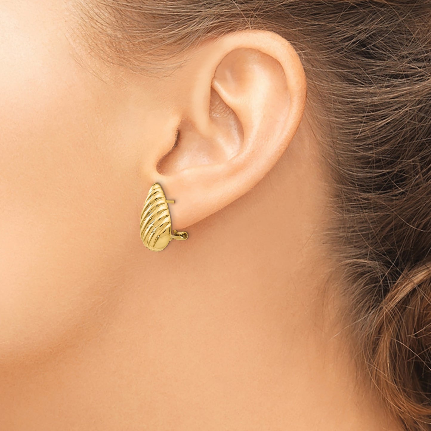14k 11x20mm Polished Diagonal Stripe Teardrop Omega Back Post Earrings