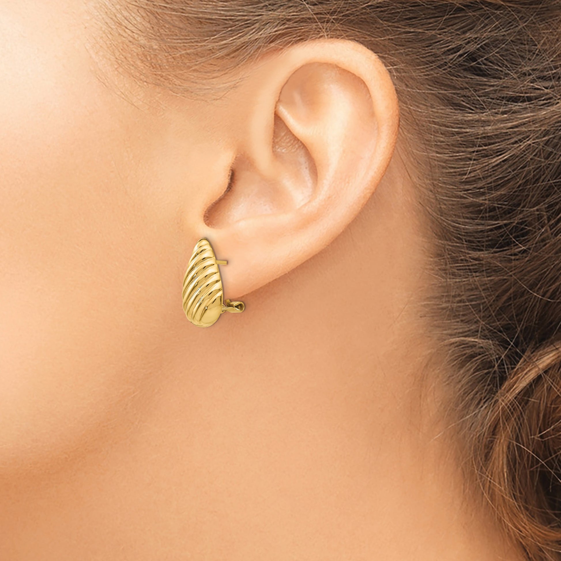 14k 11x20mm Polished Diagonal Stripe Teardrop Omega Back Post Earrings