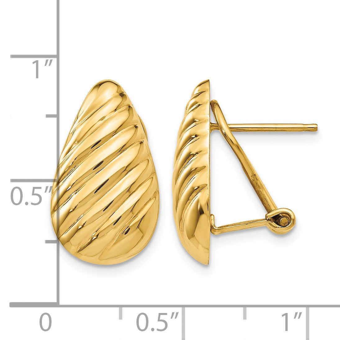 14k 11x20mm Polished Diagonal Stripe Teardrop Omega Back Post Earrings