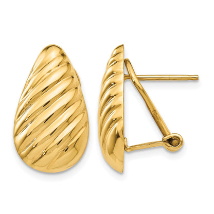 14k 11x20mm Polished Diagonal Stripe Teardrop Omega Back Post Earrings
