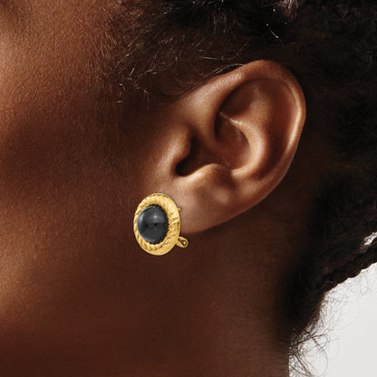 14k Black Onyx Cabochon Fancy 16mm Omega Back Earrings