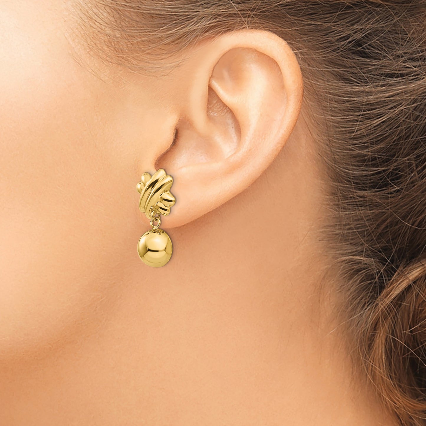 14k Fancy X and Half Ball Dangle Omega Back Non-pierced Earrings
