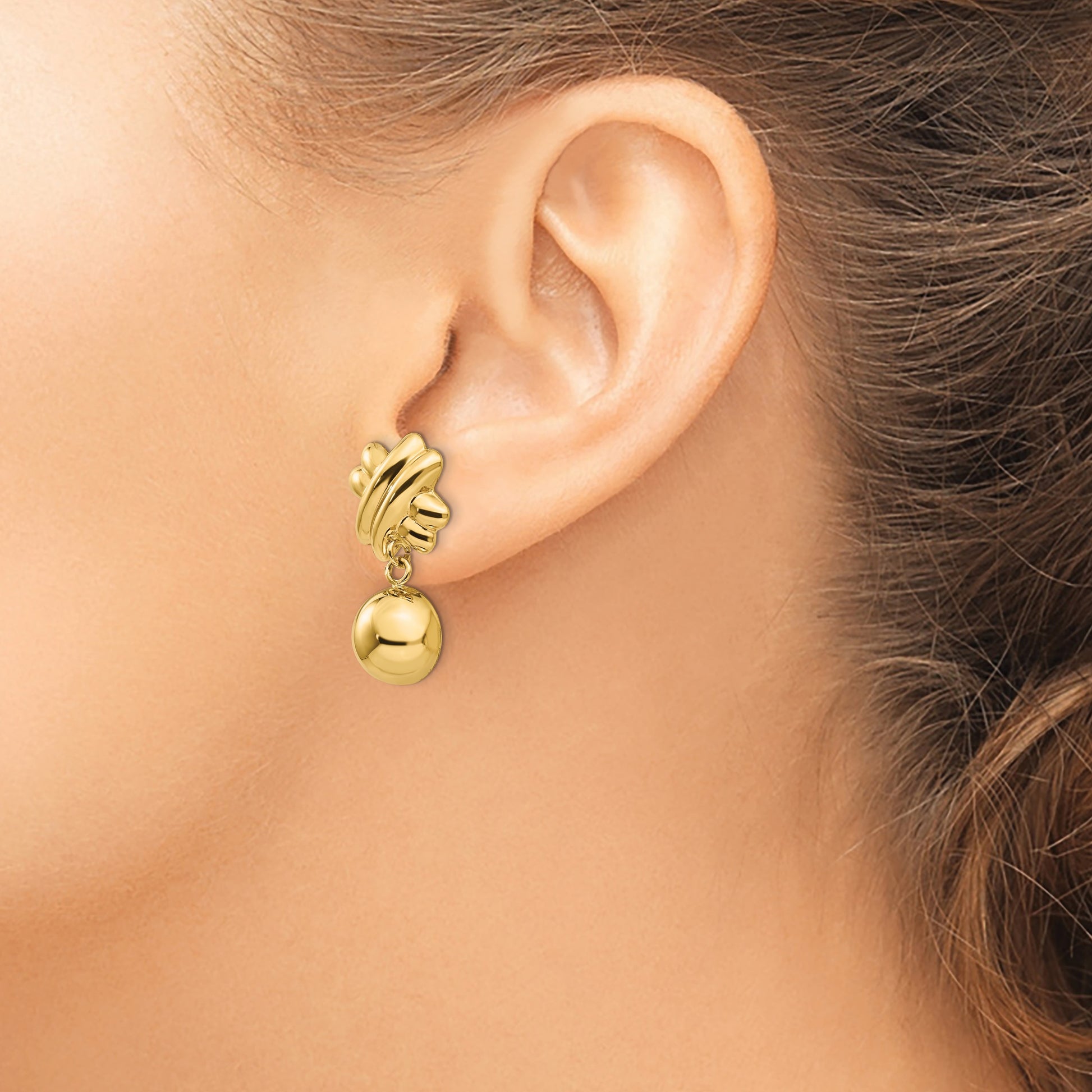 14k Fancy X and Half Ball Dangle Omega Back Non-pierced Earrings