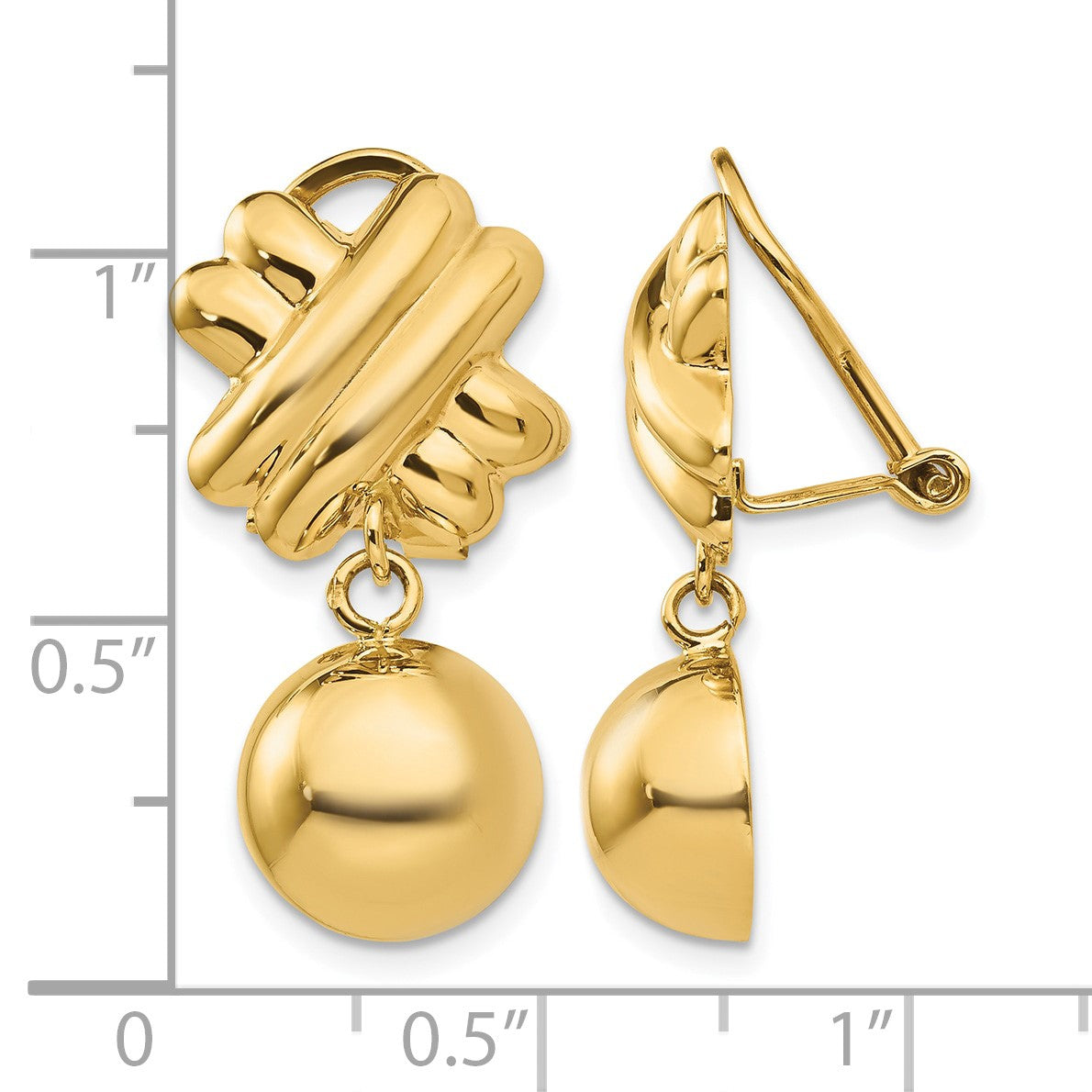 14k Fancy X and Half Ball Dangle Omega Back Non-pierced Earrings