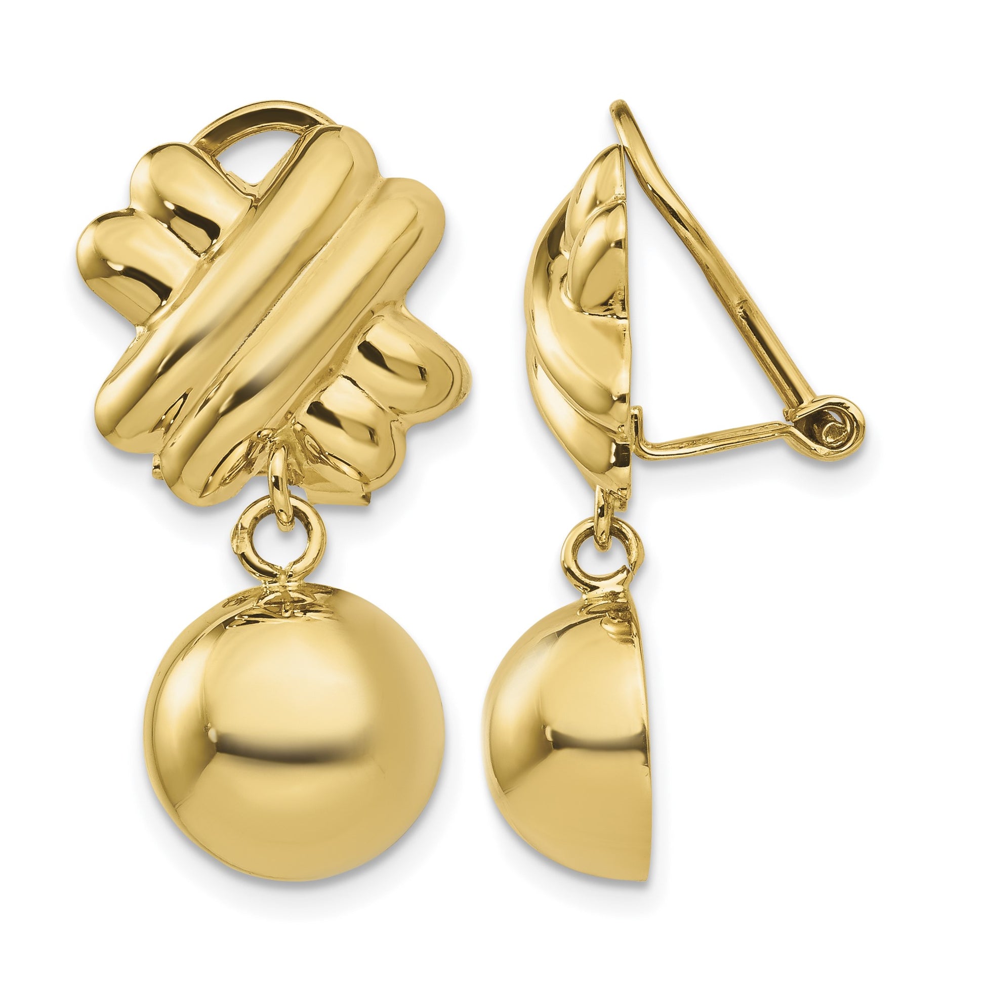 14k Fancy X and Half Ball Dangle Omega Back Non-pierced Earrings