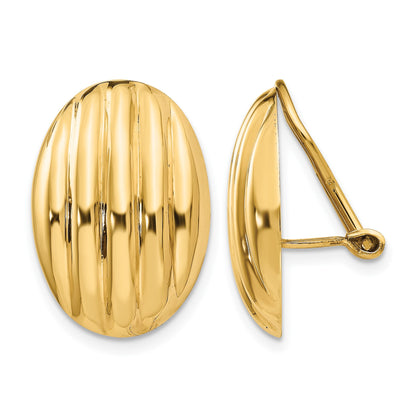 14k 14x19mm Oval Polished Fancy Ribbed Omega Back Non-pierced Earrings