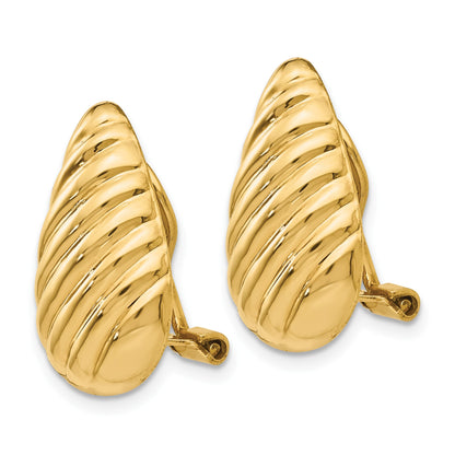 14k 11x20mm Polished Diagonal Stripe Teardrop Omega Back Non-pierced Earrings