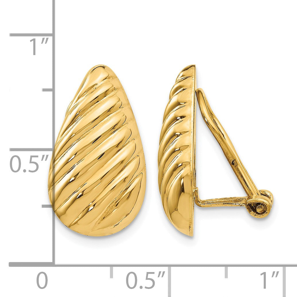 14k 11x20mm Polished Diagonal Stripe Teardrop Omega Back Non-pierced Earrings