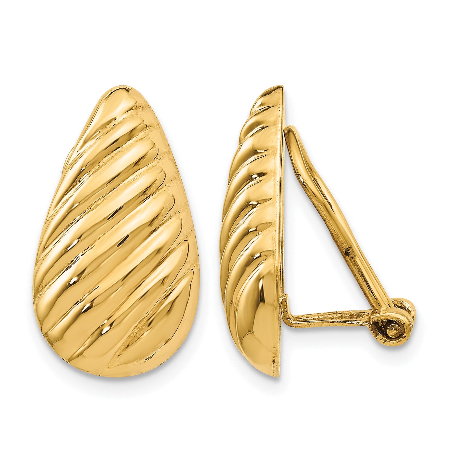14k 11x20mm Polished Diagonal Stripe Teardrop Omega Back Non-pierced Earrings