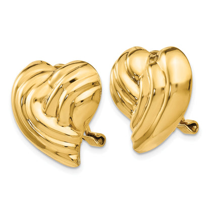 14k 18mm Striped Heart Omega Back Non-pierced Earrings