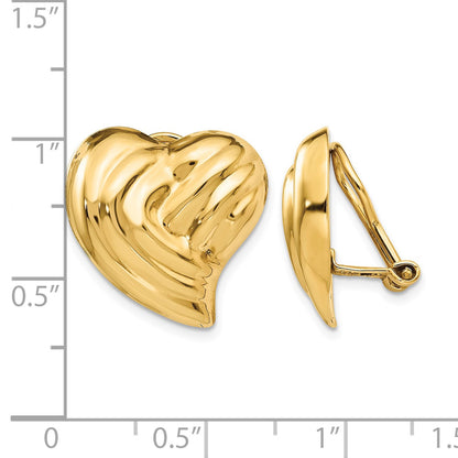 14k 18mm Striped Heart Omega Back Non-pierced Earrings