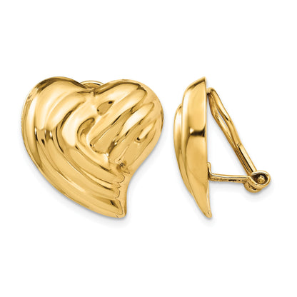 14k 18mm Striped Heart Omega Back Non-pierced Earrings