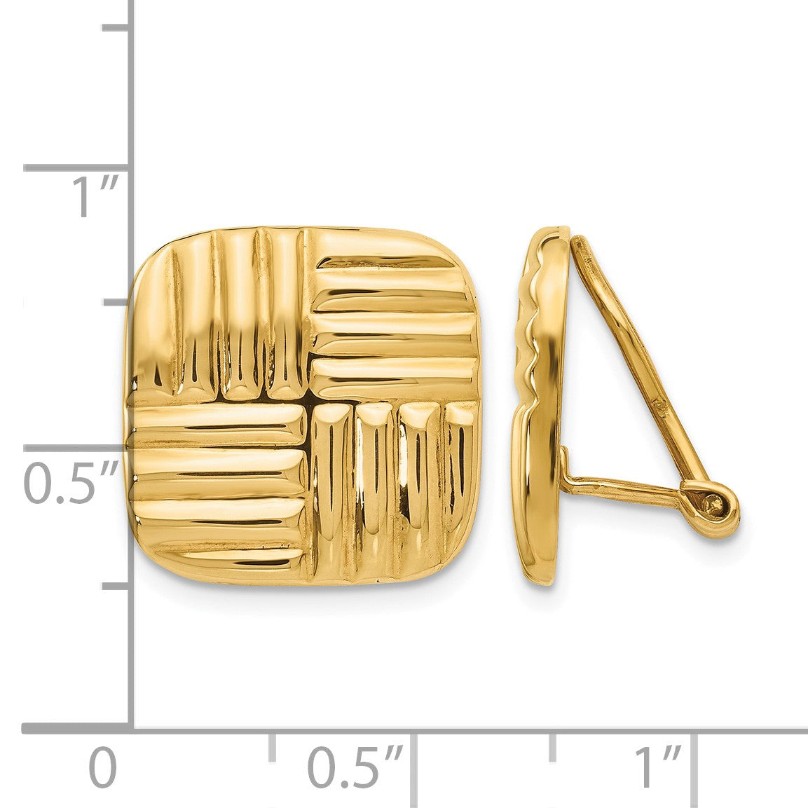 14k 16mm Square Basketweave Omega Back Non-pierced Earrings