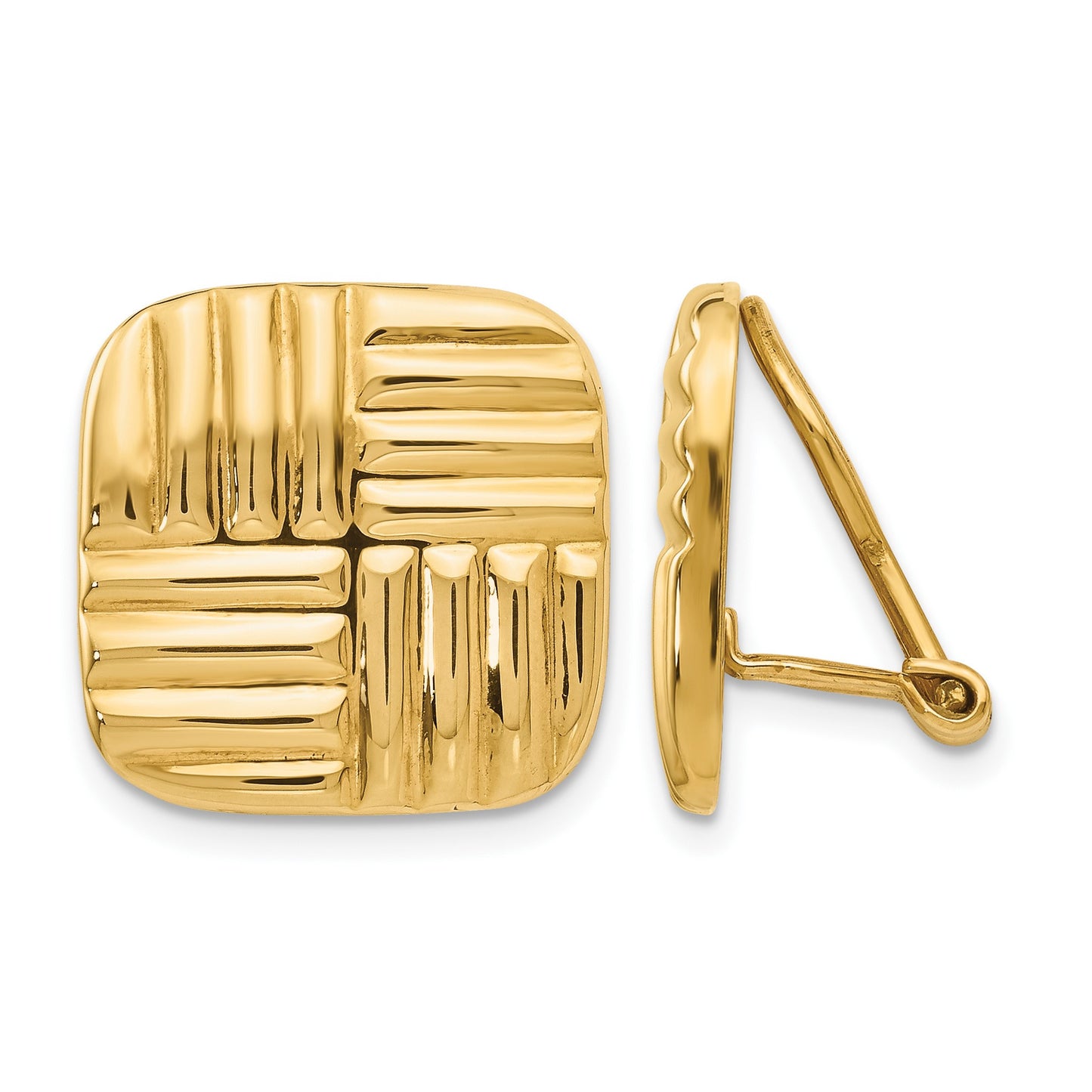 14k 16mm Square Basketweave Omega Back Non-pierced Earrings