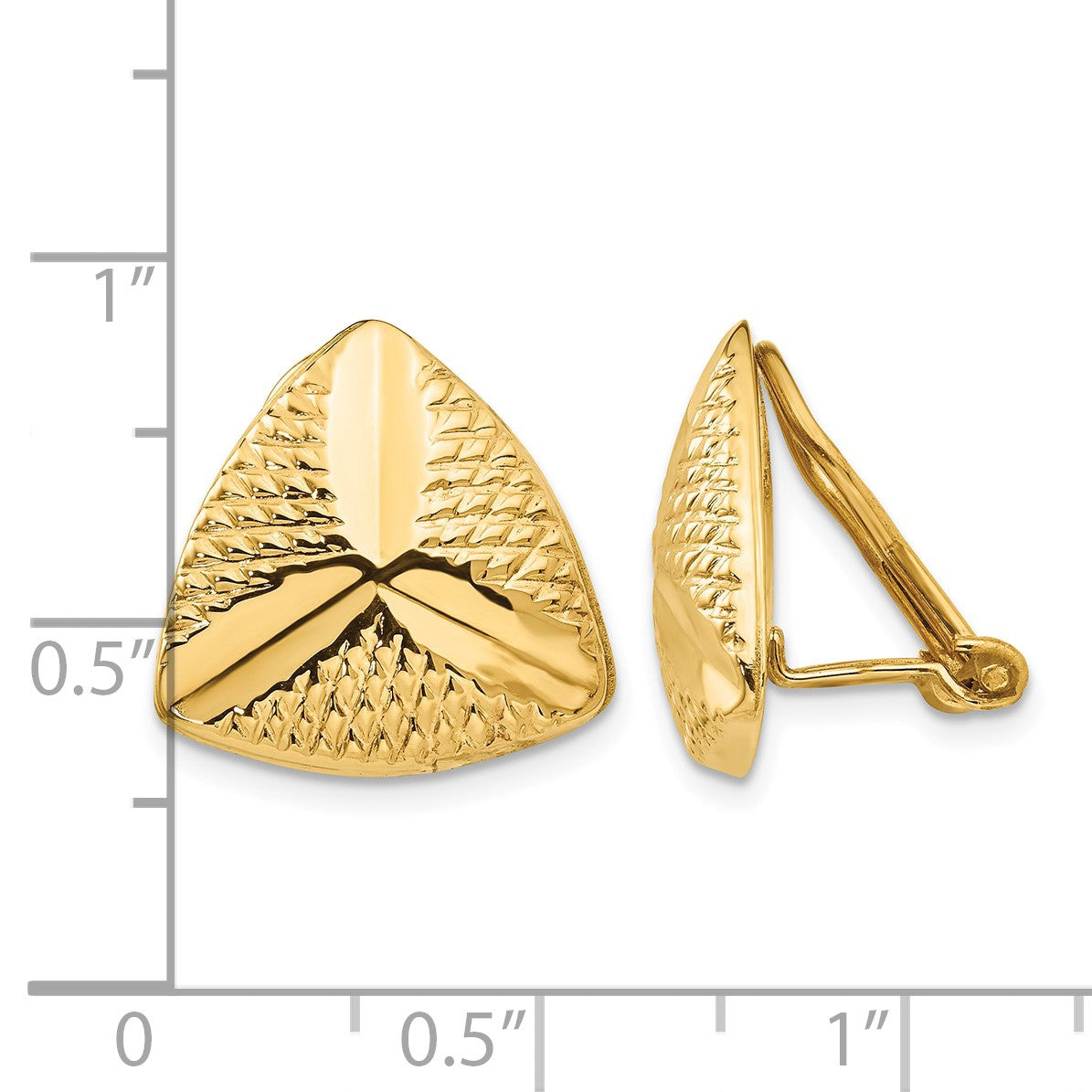14k 15mm Textured Triangle Omega Back Non-pierced Earrings