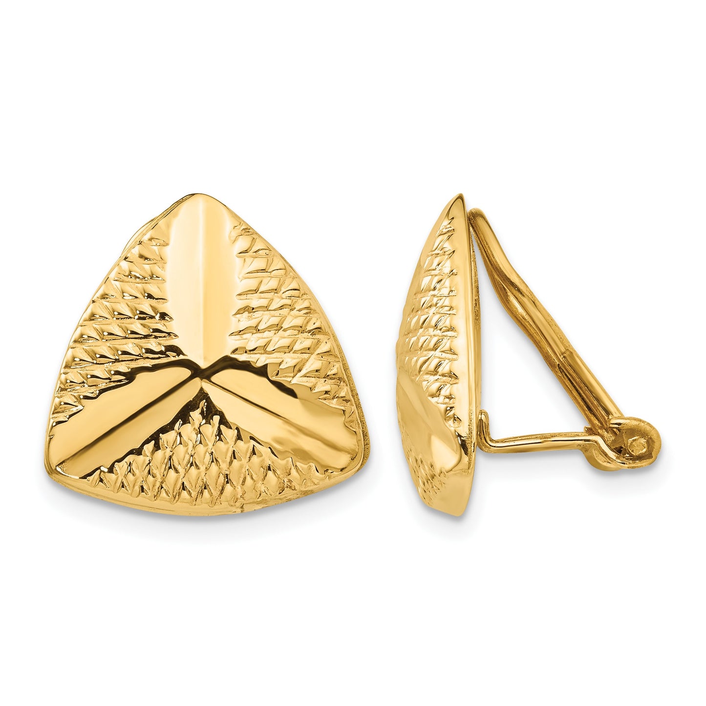 14k 15mm Textured Triangle Omega Back Non-pierced Earrings
