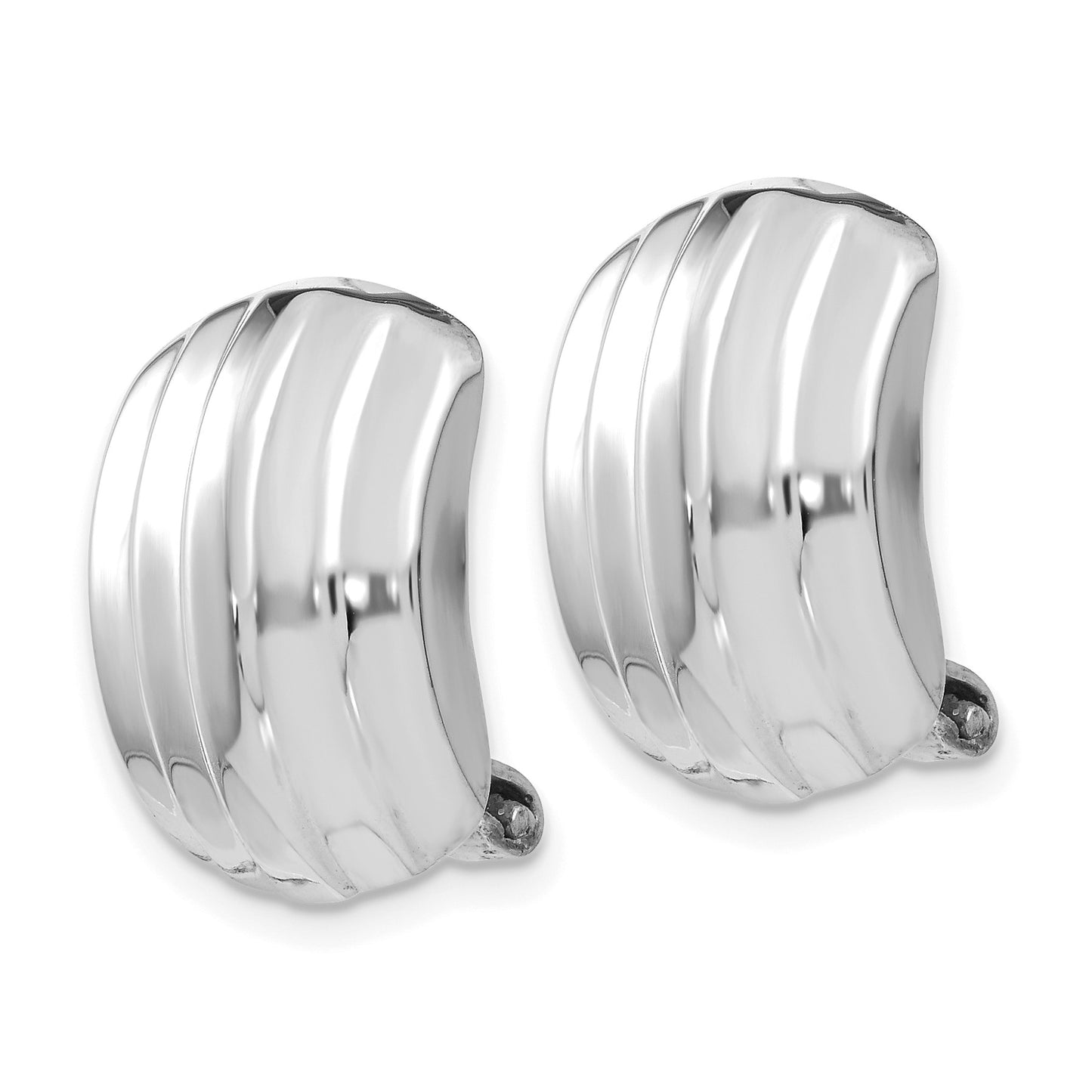 14k White Gold 12x17mm Polished Ribbed Omega Back Non-pierced Earrings