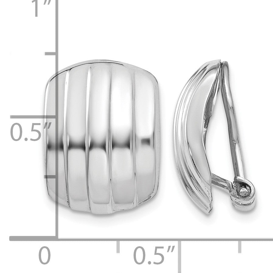 14k White Gold 12x17mm Polished Ribbed Omega Back Non-pierced Earrings