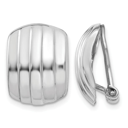 14k White Gold 12x17mm Polished Ribbed Omega Back Non-pierced Earrings