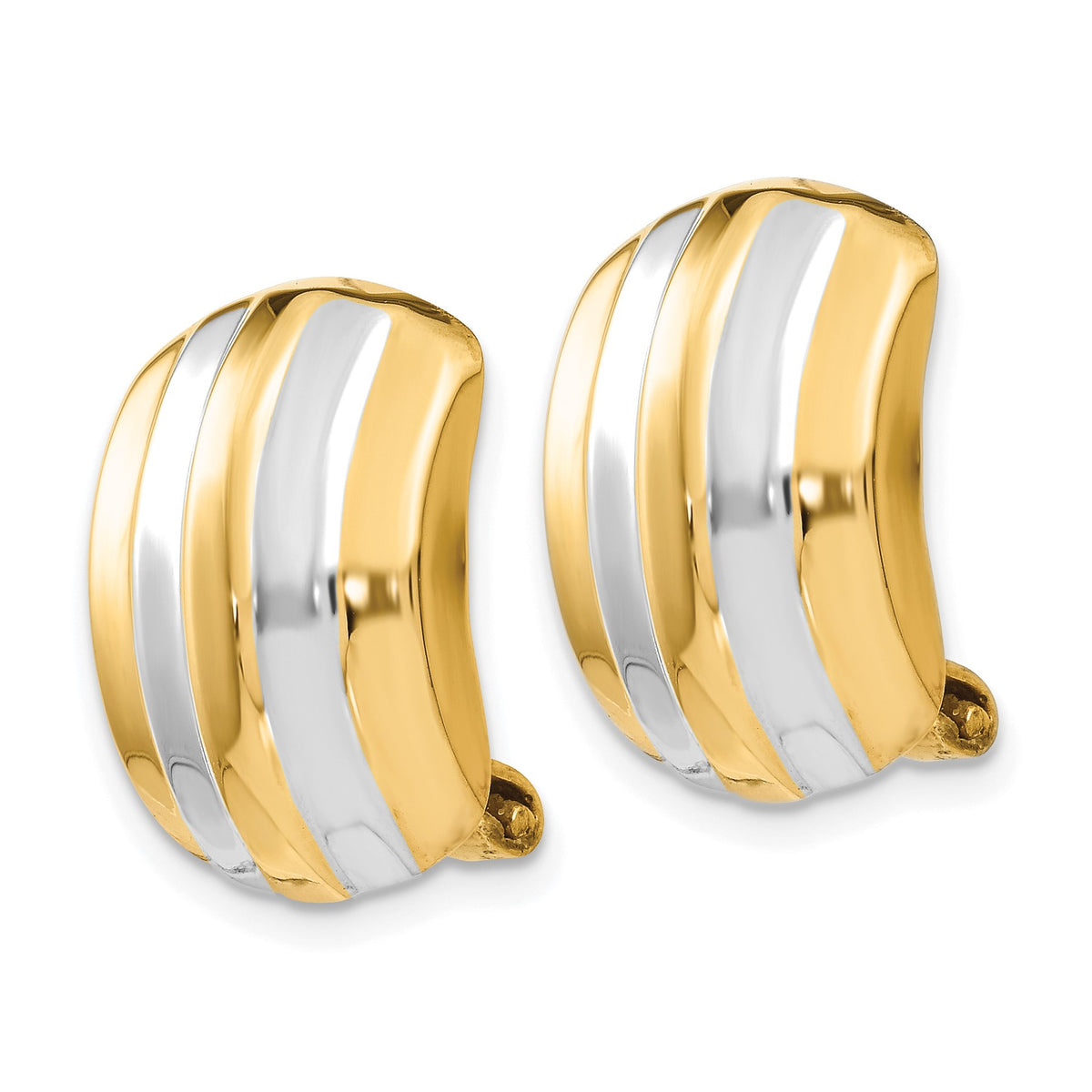 14k and White Rhodium 12x17mm Polished Ribbed Omega Back Non-pierced Earrings