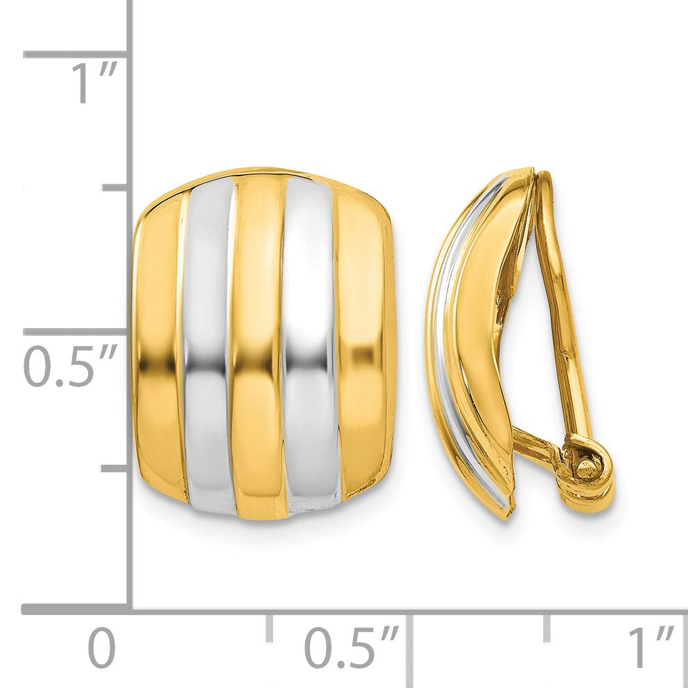 14k and White Rhodium 12x17mm Polished Ribbed Omega Back Non-pierced Earrings