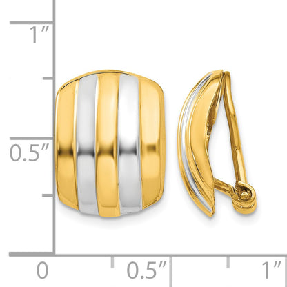 14k and White Rhodium 12x17mm Polished Ribbed Omega Back Non-pierced Earrings