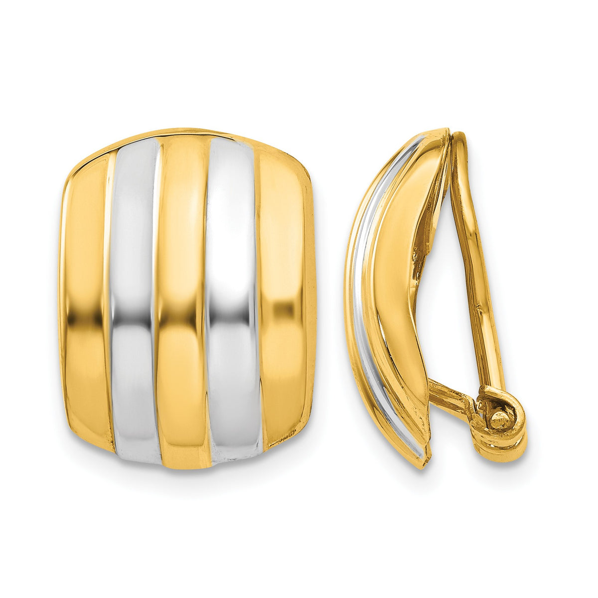 14k and White Rhodium 12x17mm Polished Ribbed Omega Back Non-pierced Earrings