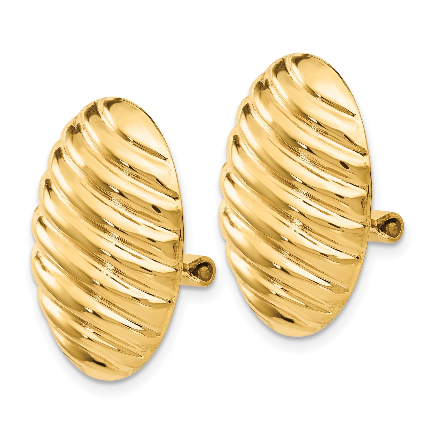 14k 15x21mm Oval Button Polished Striped Omega Back Non-pierced Earrings