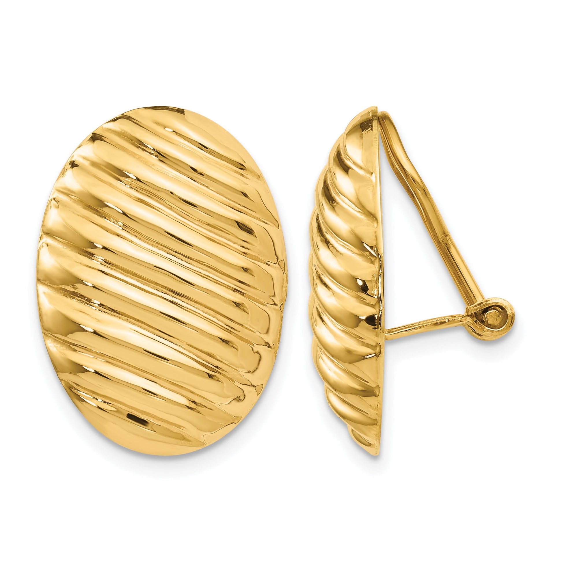 14k 15x21mm Oval Button Polished Striped Omega Back Non-pierced Earrings
