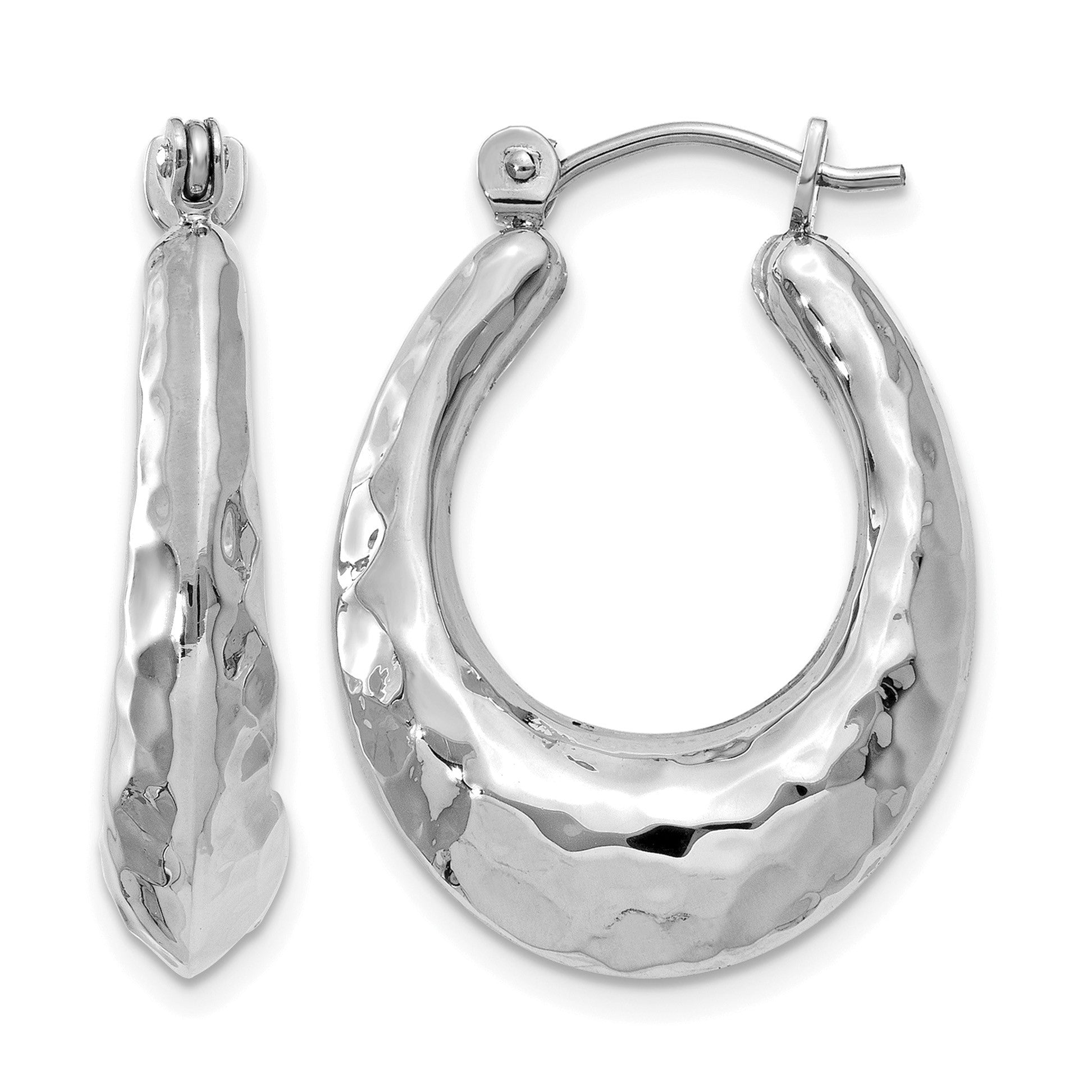 14k White Gold Polished Hammered Hoop Earrings