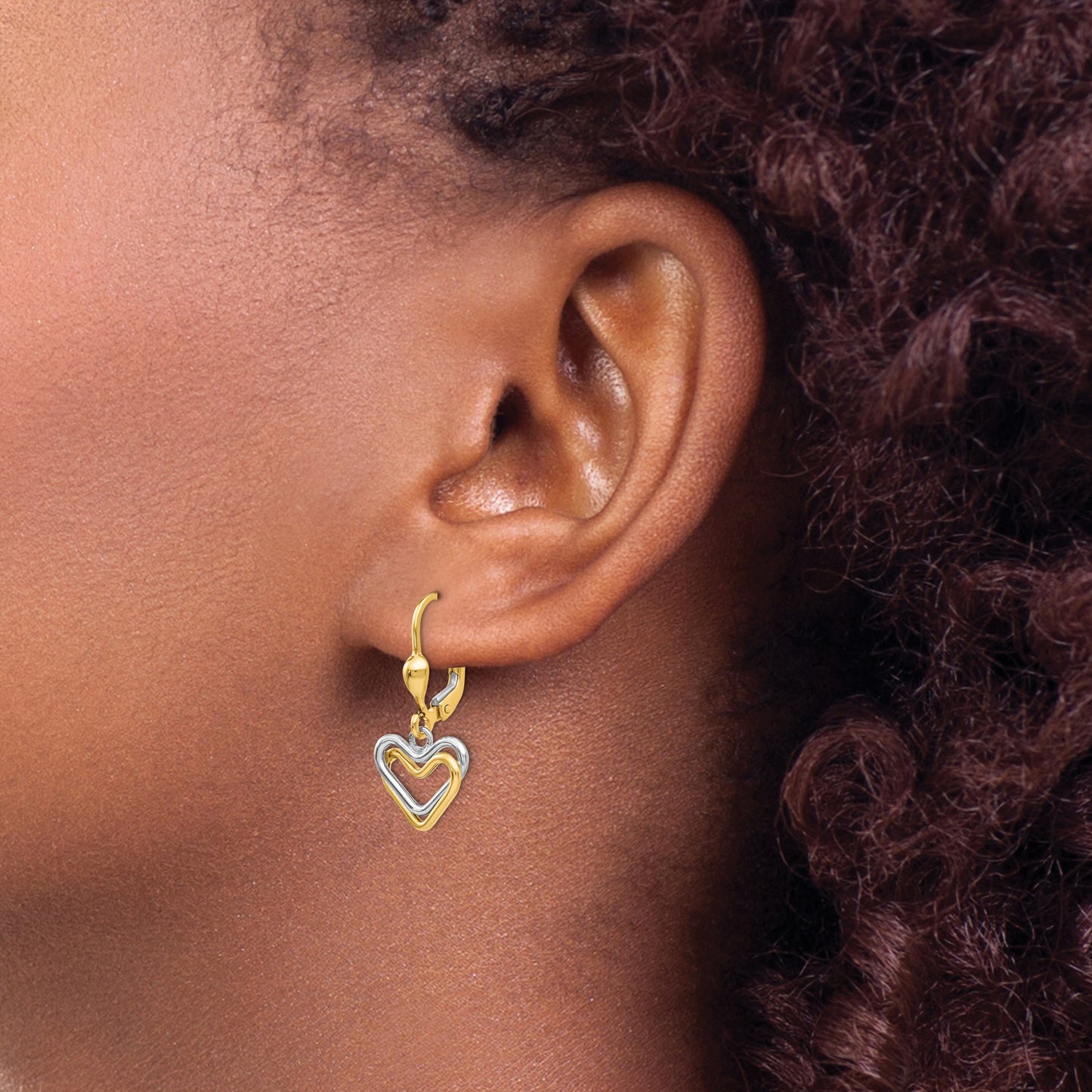 14k Two-tone Open Heart Dangle Leverback Earrings