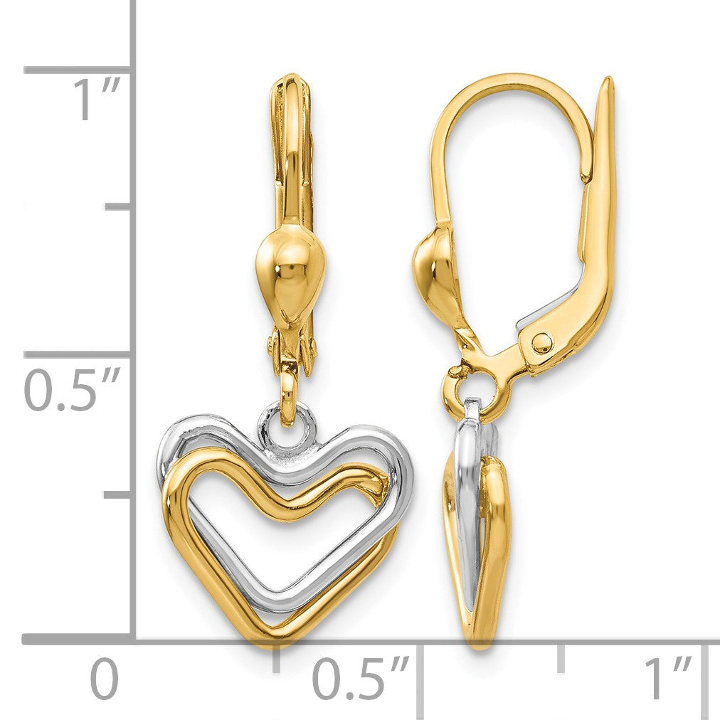 14k Two-tone Open Heart Dangle Leverback Earrings