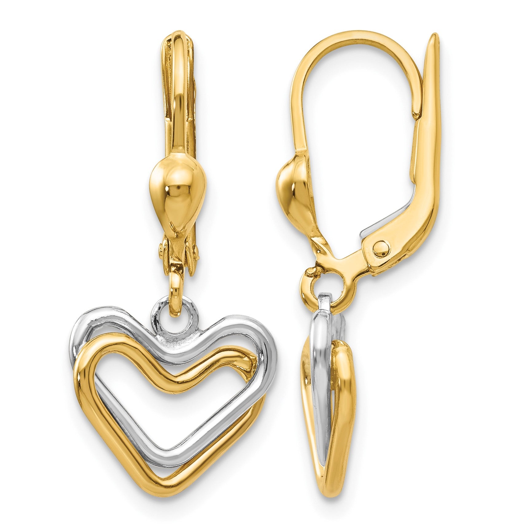 14k Two-tone Open Heart Dangle Leverback Earrings