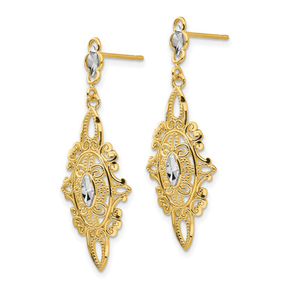 14k and White Rhodium Diamond-cut Filigree Dangle Post Earrings