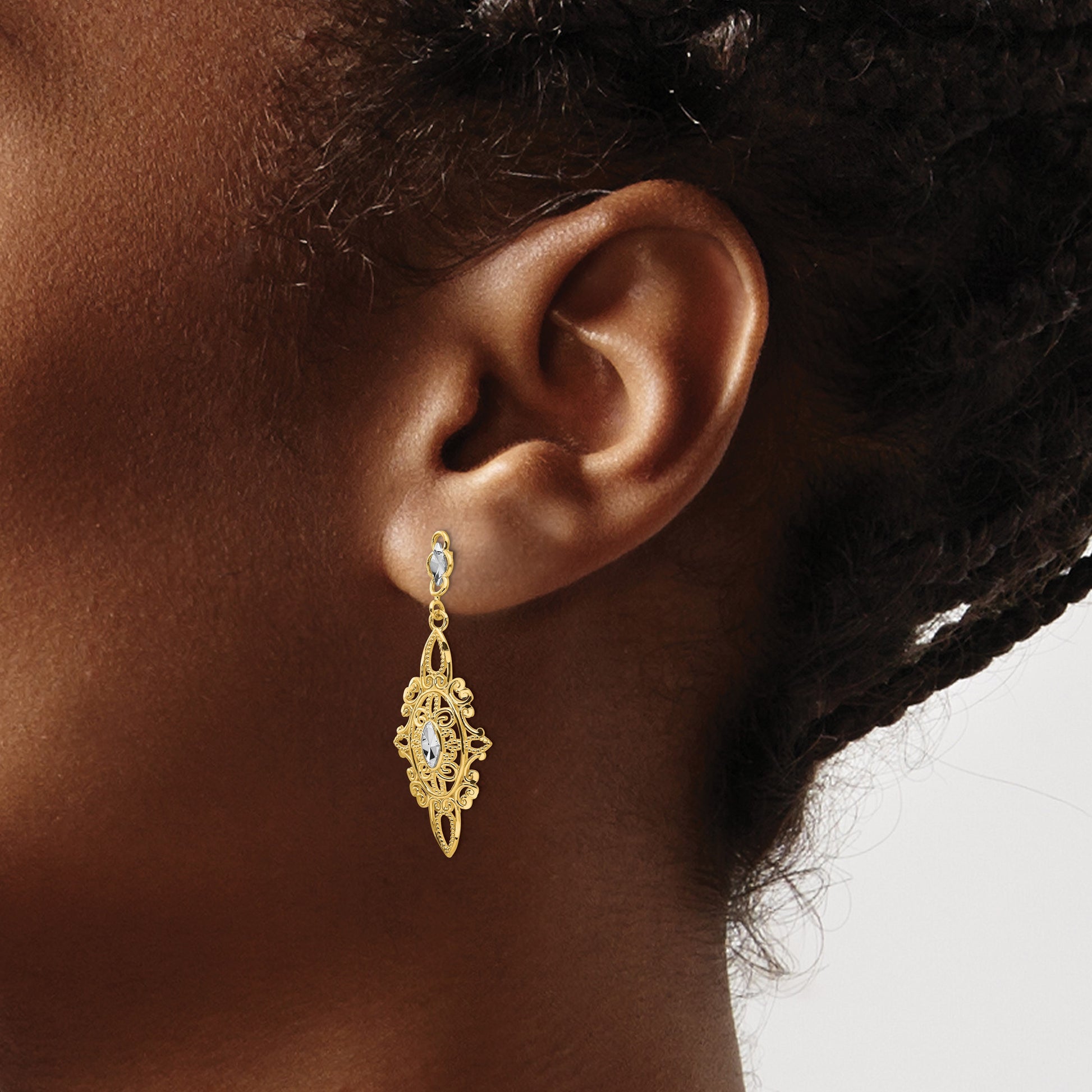14k and White Rhodium Diamond-cut Filigree Dangle Post Earrings