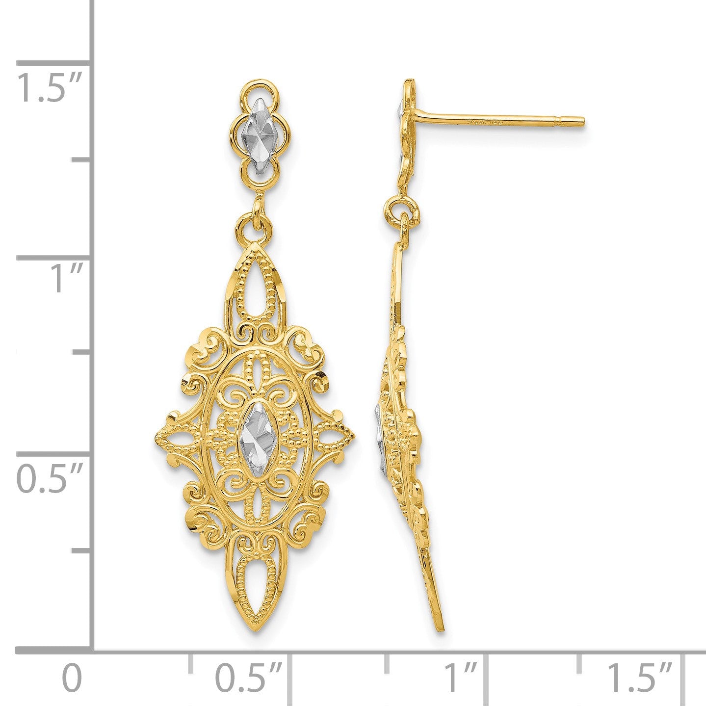 14k and White Rhodium Diamond-cut Filigree Dangle Post Earrings