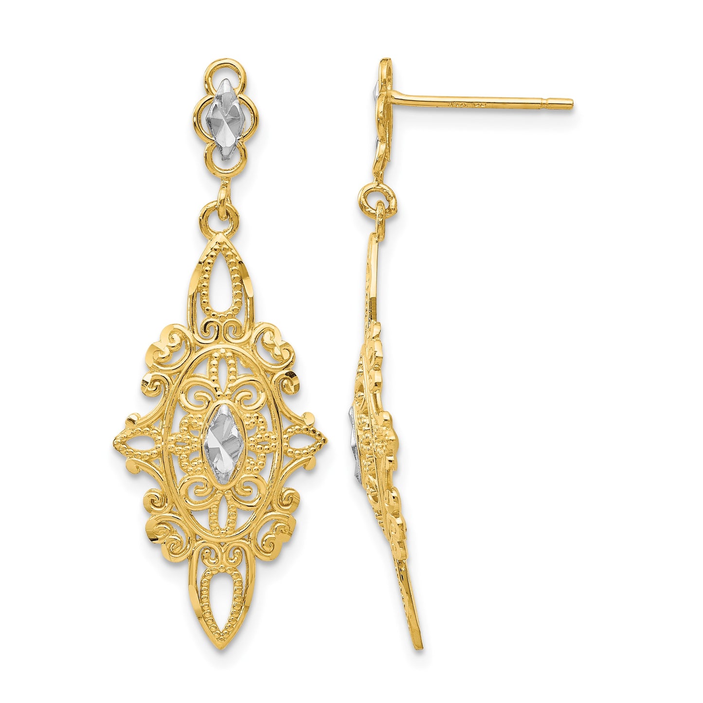 14k and White Rhodium Diamond-cut Filigree Dangle Post Earrings