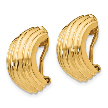 14k 9.5x16mm Polished Ribbed Half Hoop Omega Back Non-pierced Earrings