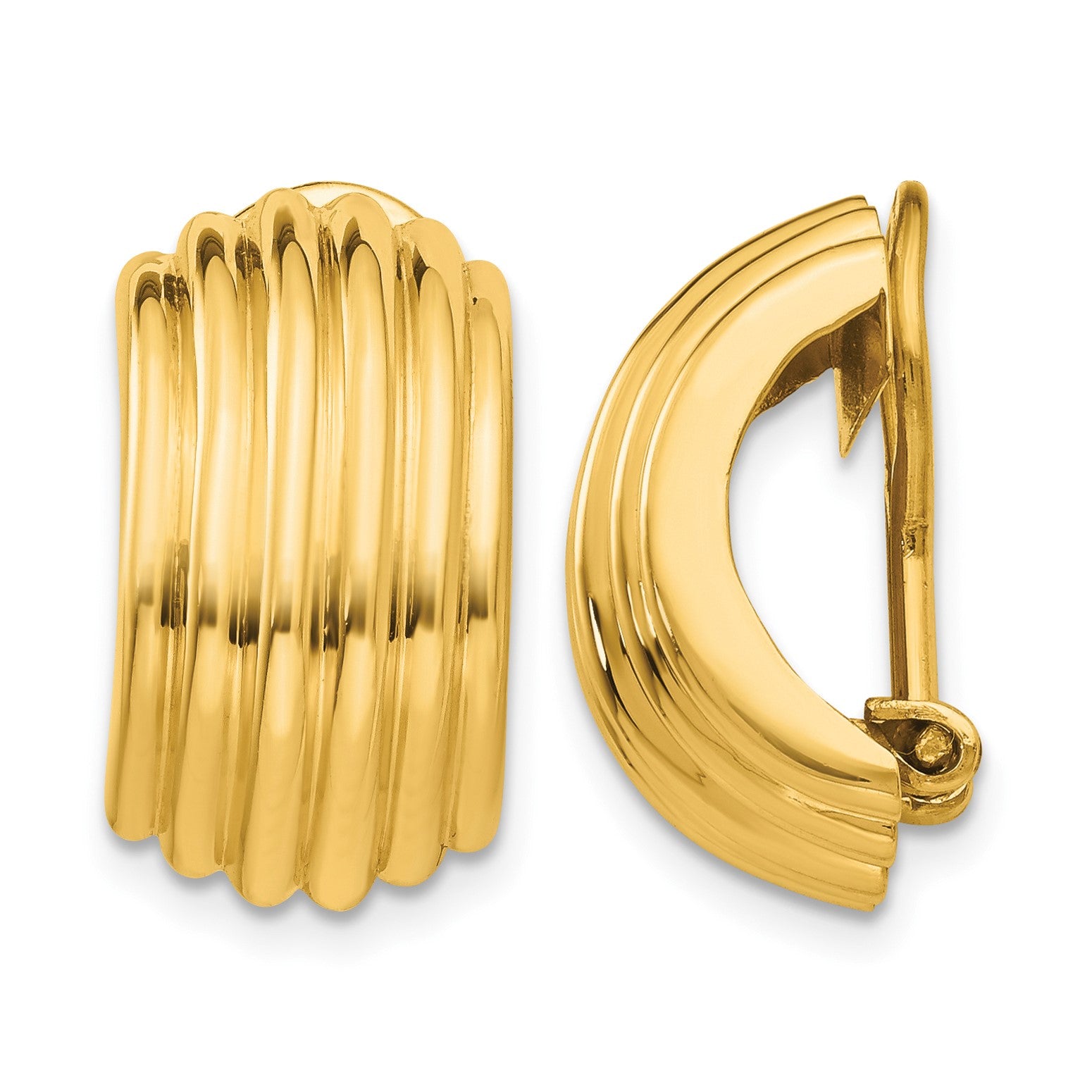 14k 9.5x16mm Polished Ribbed Half Hoop Omega Back Non-pierced Earrings